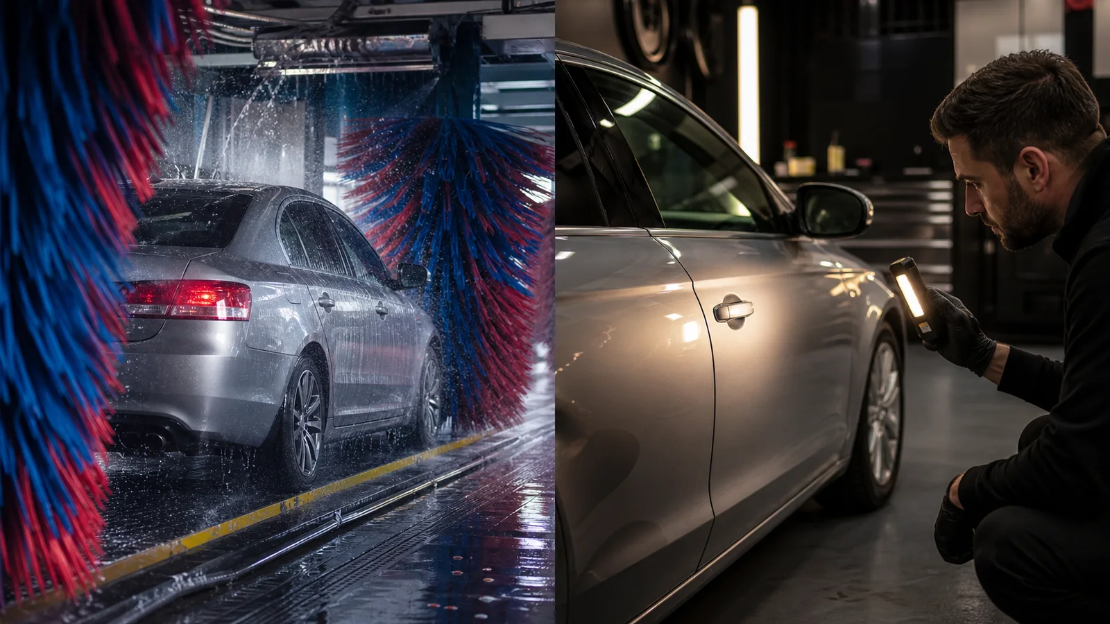 Split view of a silver sedan in an automatic wash and under a professional paint inspection light
