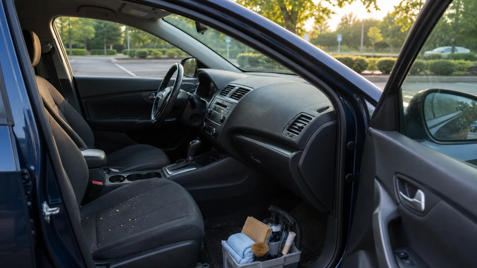 Dumfries commuter sedan cabin with light crumbs, dashboard dust, and organized interior cleaning tools