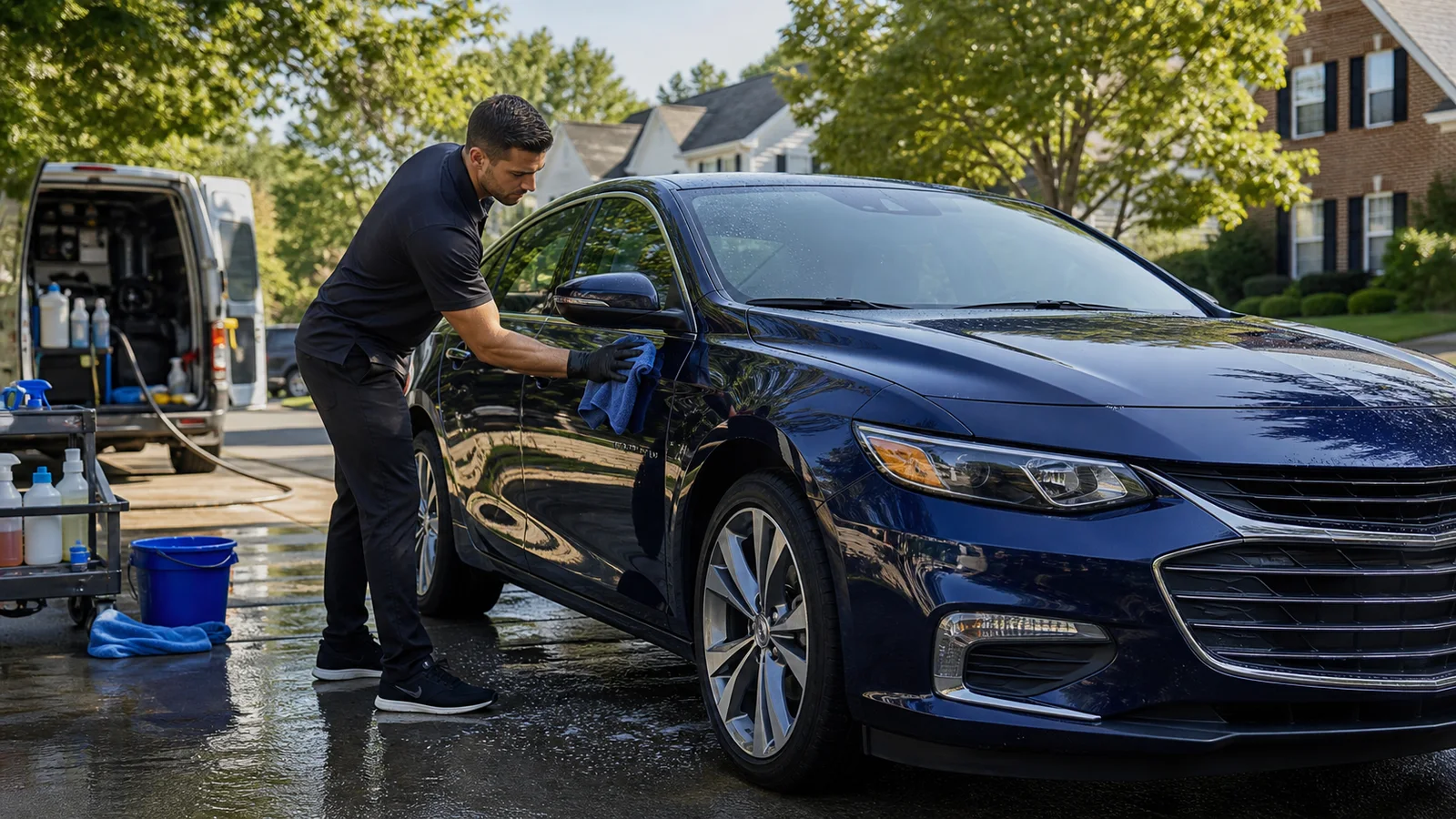 Detailer using a clean microfiber towel on the glossy side panel of a blue sedan