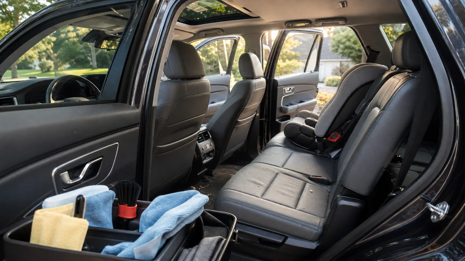 Lake Ridge family SUV second row with a child seat, a few crumbs, and neatly staged microfiber towels