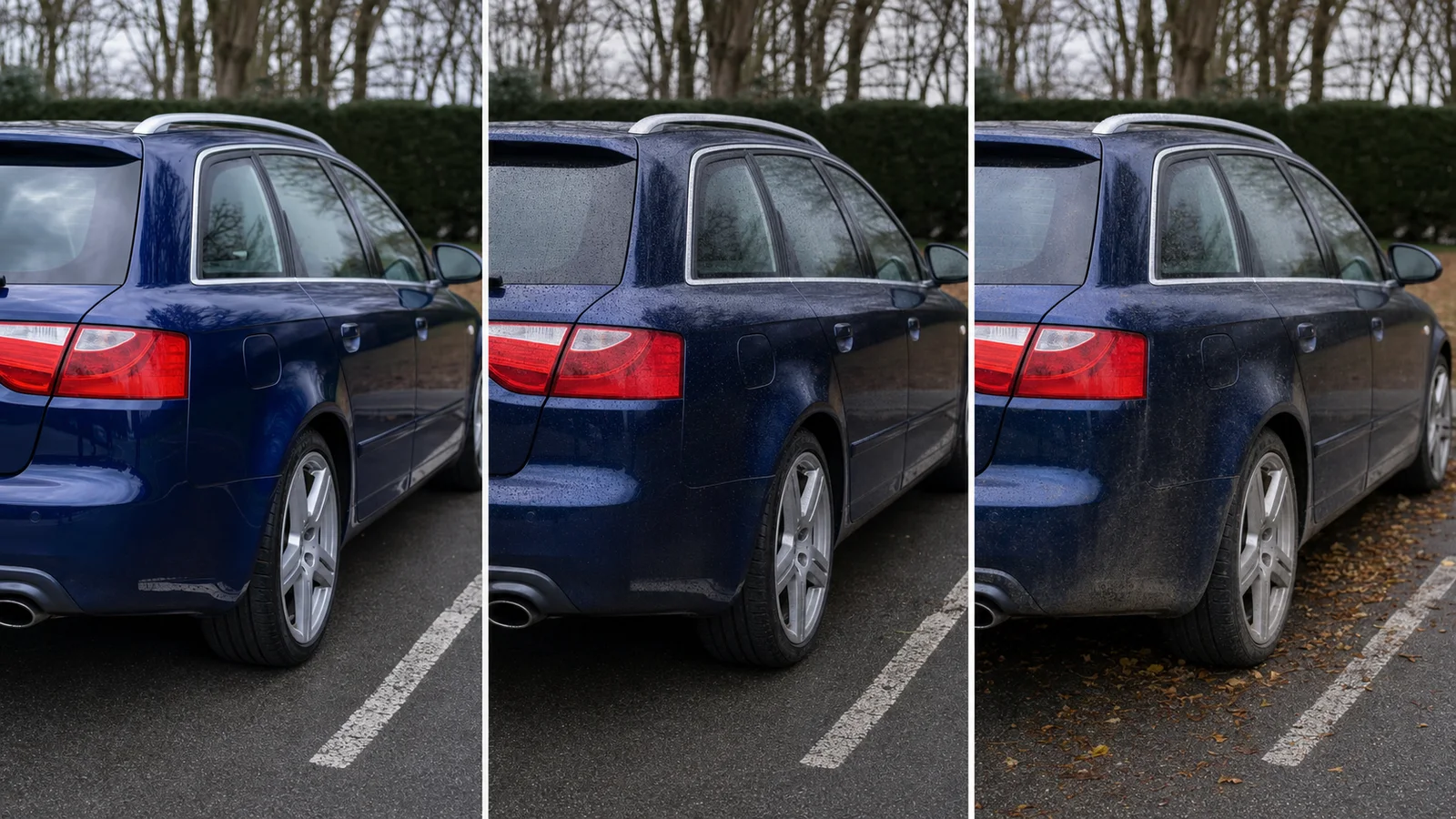 Three-stage comparison of the same blue wagon immediately detailed, weeks later, and after months of road use