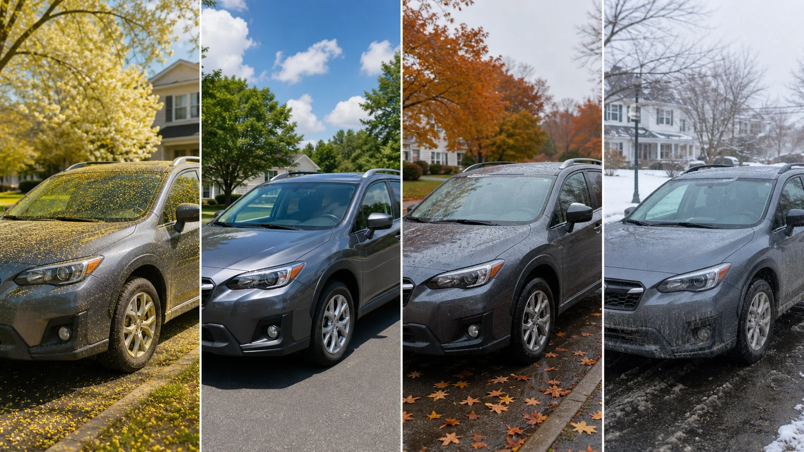 Four-season comparison of the same gray crossover in spring pollen, summer sun, autumn rain, and winter road film