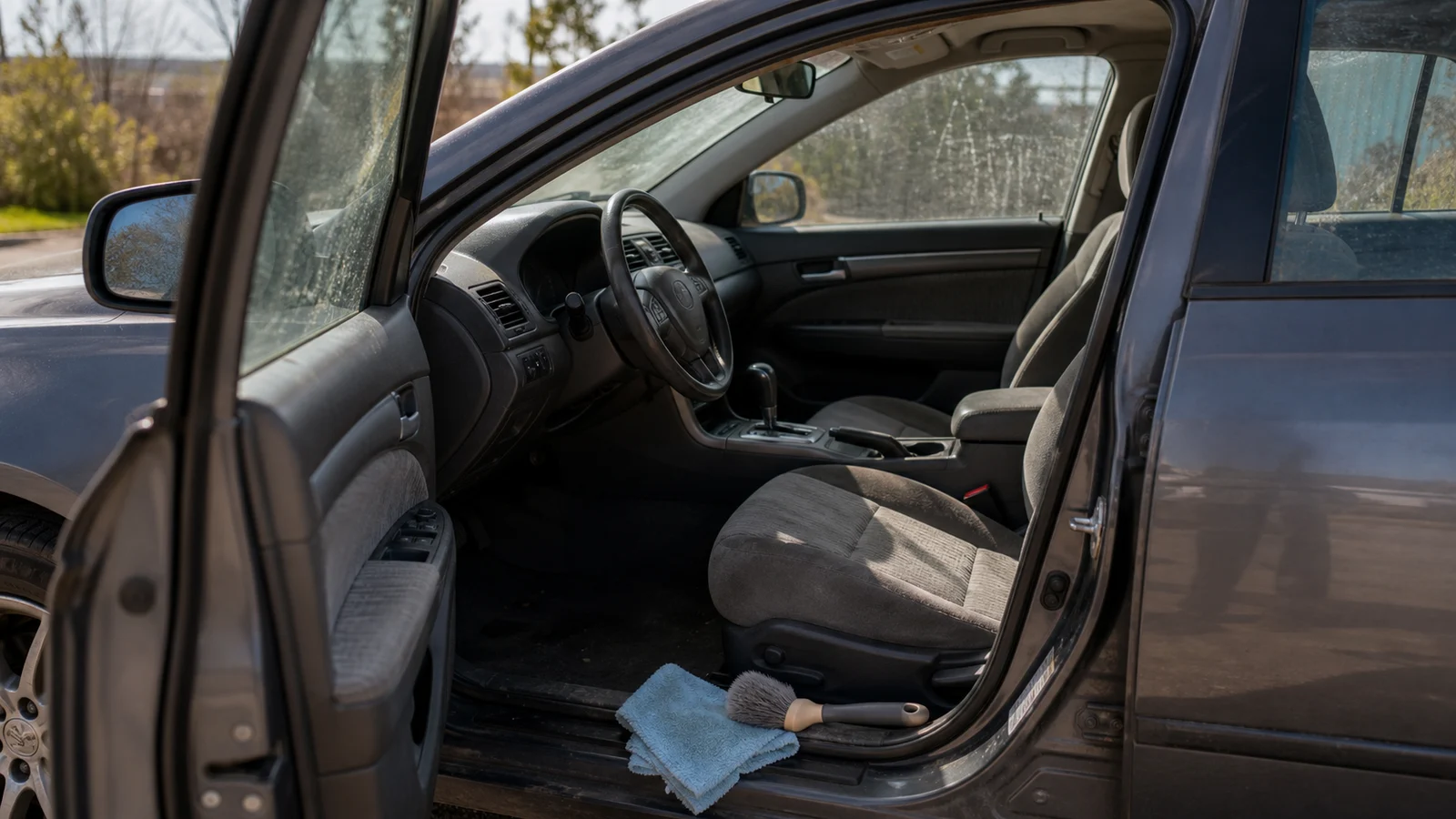 Open front door of a used gray sedan with cloth seats, light residue on the interior glass, and detailing towels beside the threshold during a smoke-odor cleanup