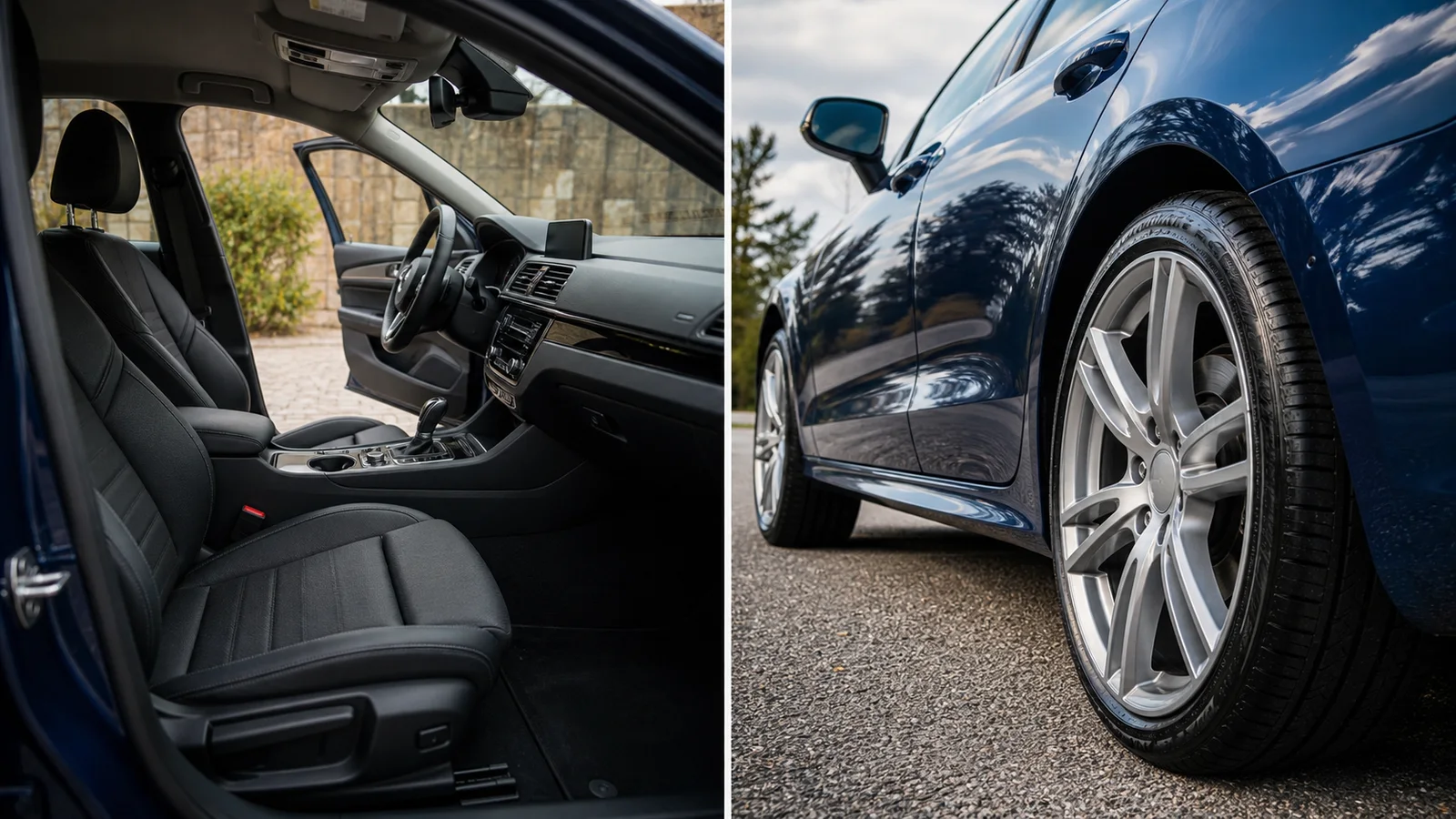 Split view comparing a clean black vehicle cabin with polished blue exterior paint and a finished wheel