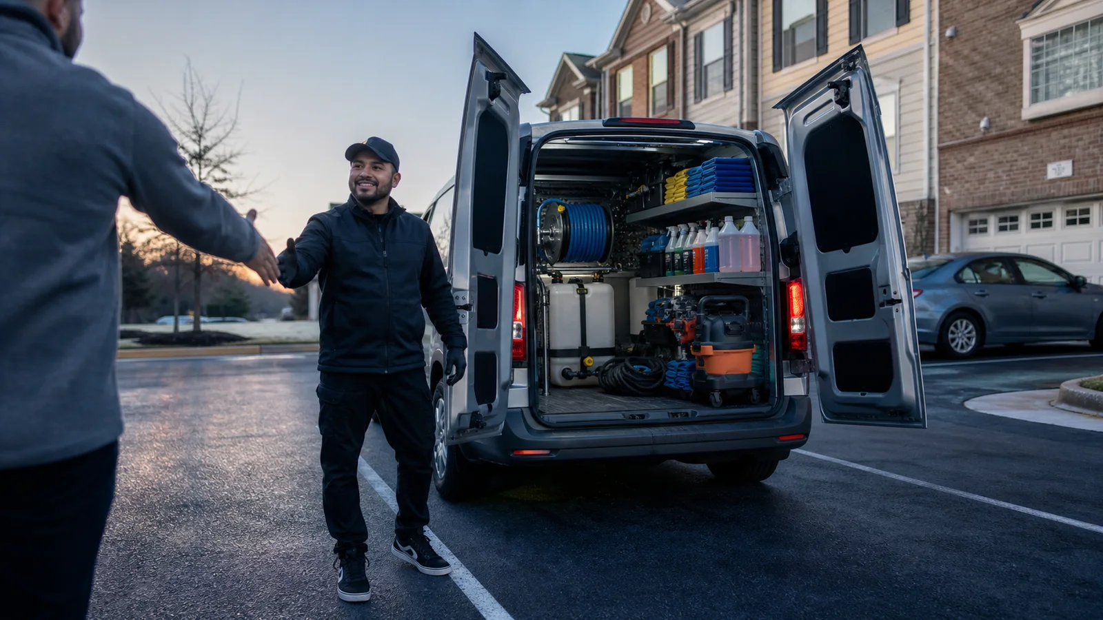 Mobile detailer greeting a customer beside an organized service van at a townhouse parking court