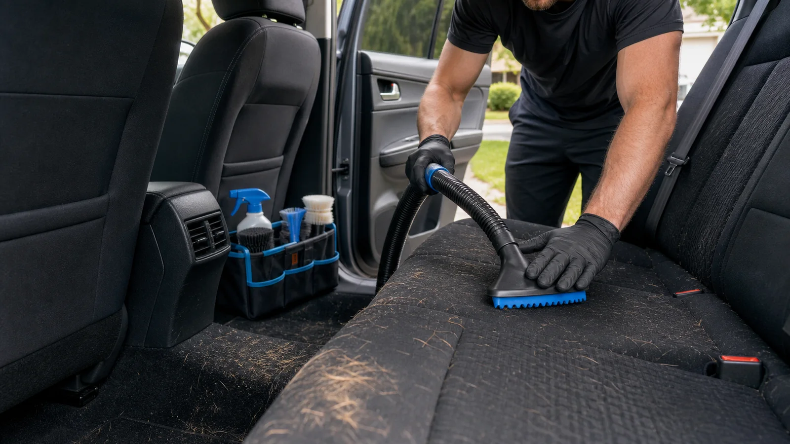 Detailer removing embedded tan pet hair from a black fabric rear seat with a vacuum and rubber tool