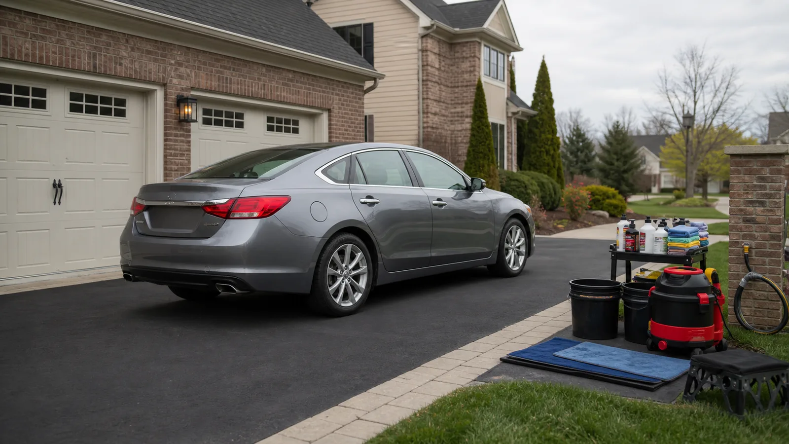 Stafford driveway prepared for mobile detailing with a sedan, clear working space, and organized equipment