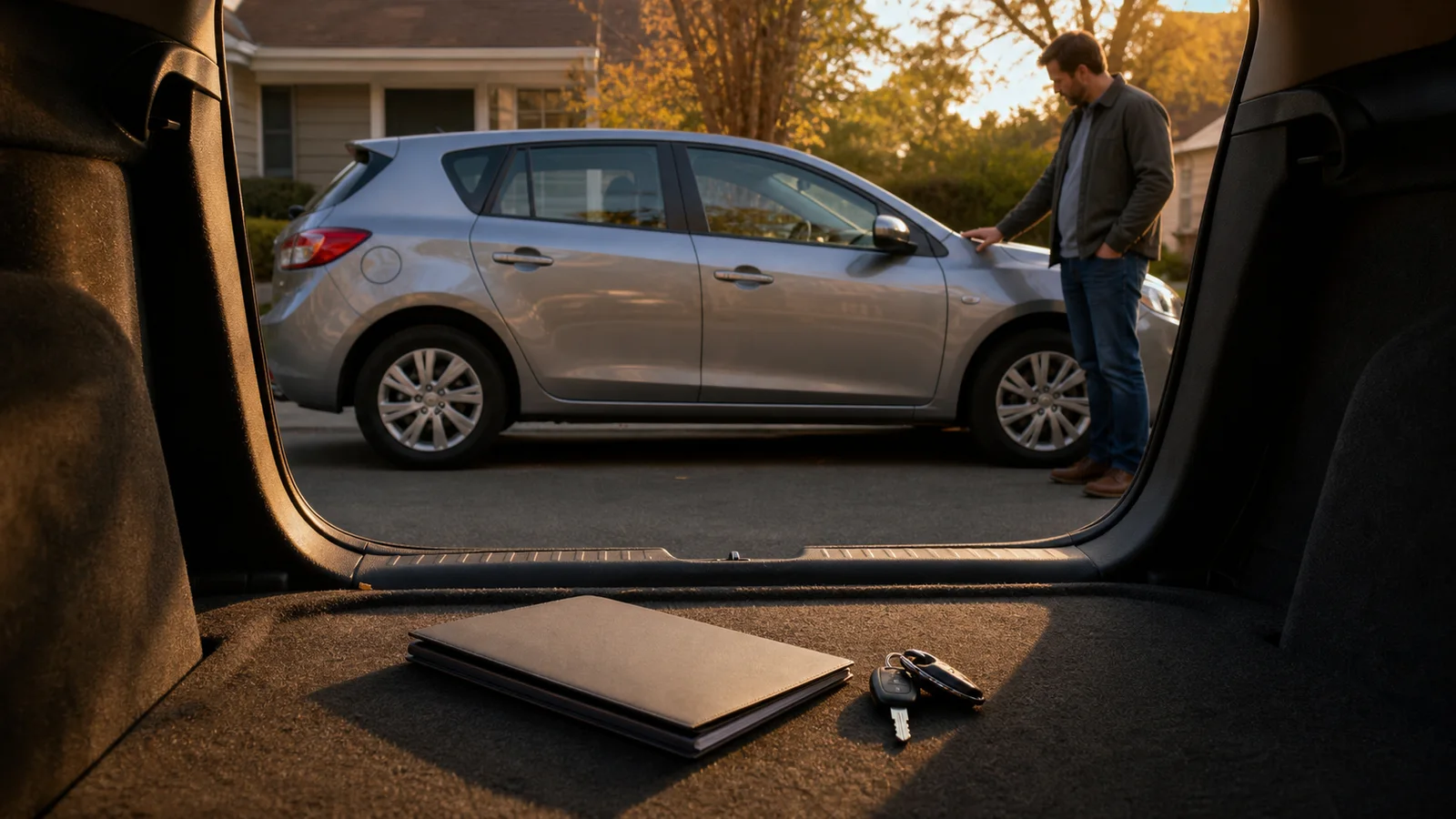 View from an empty cargo area toward a clean silver hatchback being inspected before a vehicle sale