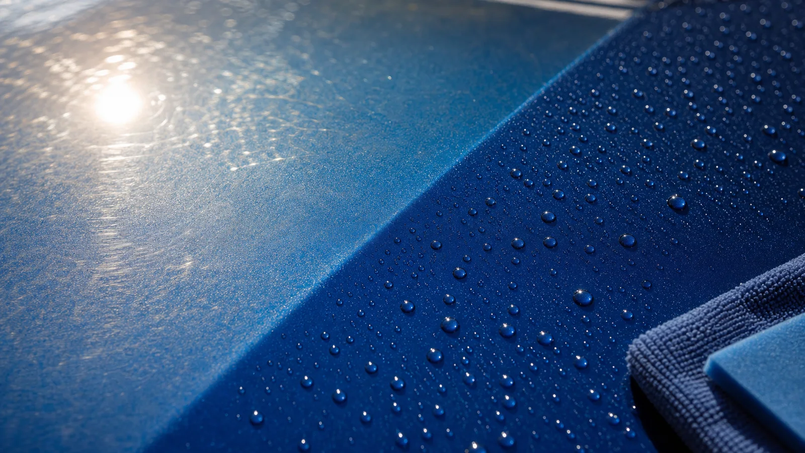 Macro view of a blue hood divided between harsh summer sunlight and shaded water-beading protection