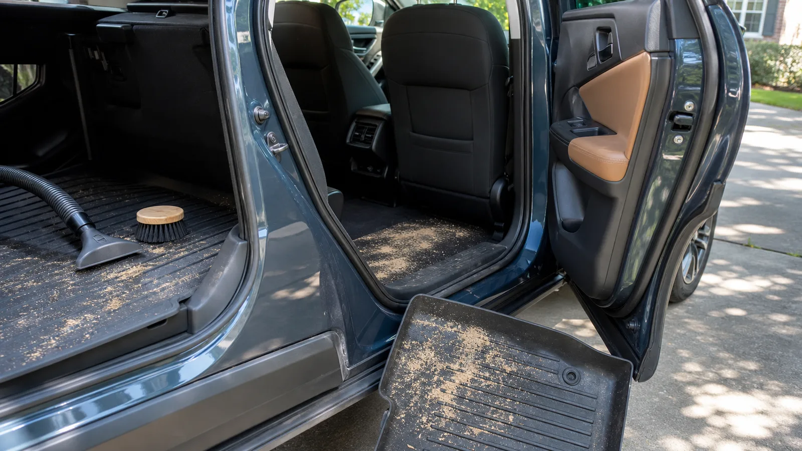 Triangle Virginia crossover with beach sand on a rear floor mat beside a vacuum and soft brush