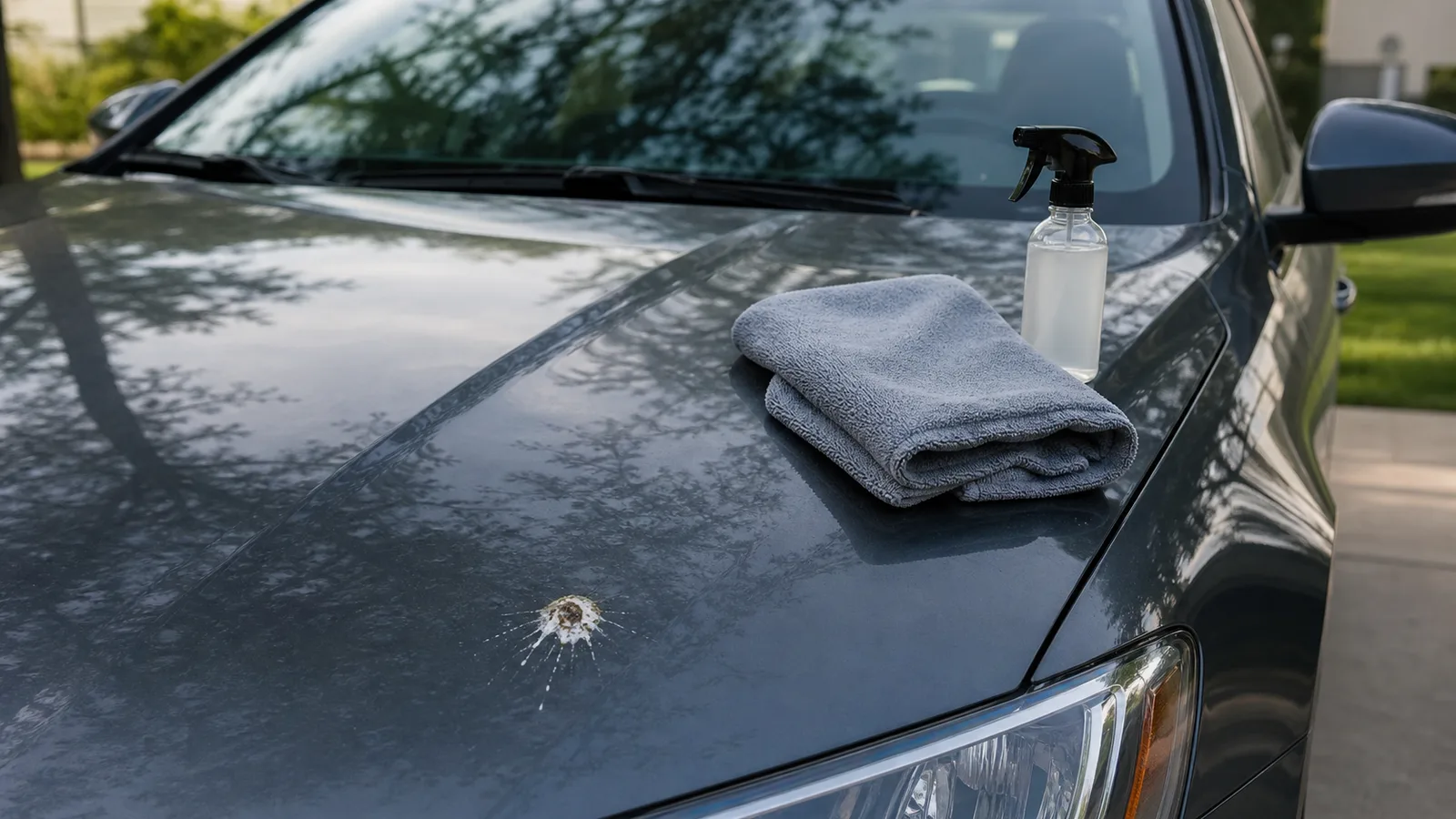 Fresh bird droppings on the hood of a dark gray sedan with a folded microfiber towel and unbranded detailing spray nearby in a shaded driveway