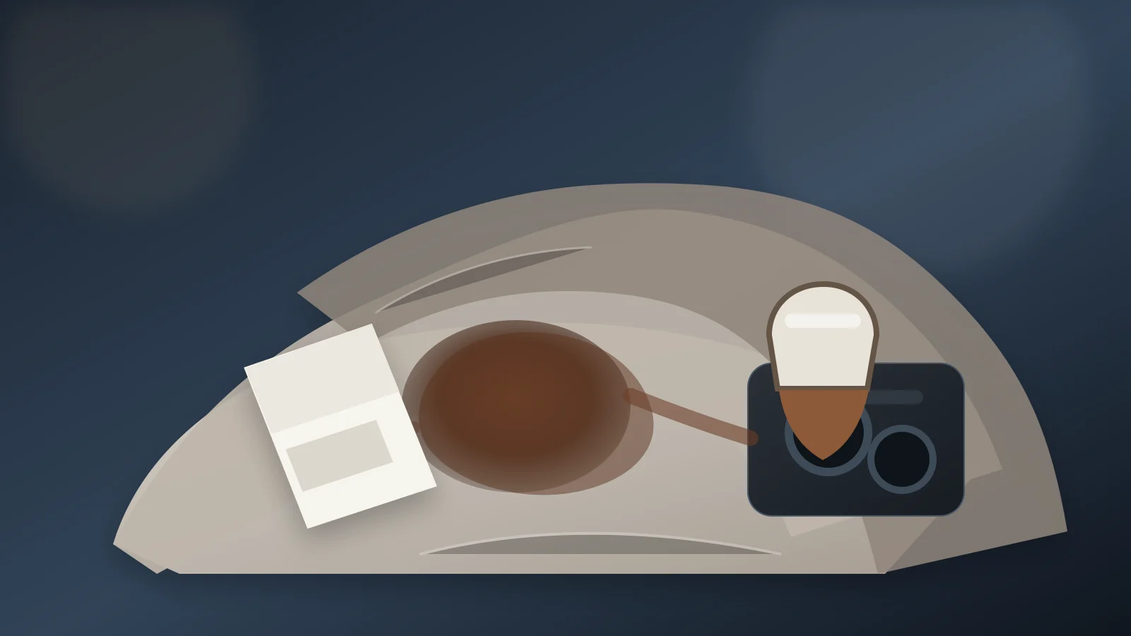 Fresh coffee spill on a light cloth front seat with a clean microfiber towel, cupholder splash marks, and detailing tools staged on the floorboard